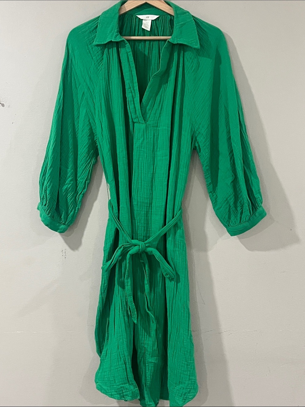 H&M Emerald Green Midi Shirt Dress with Tie Waist